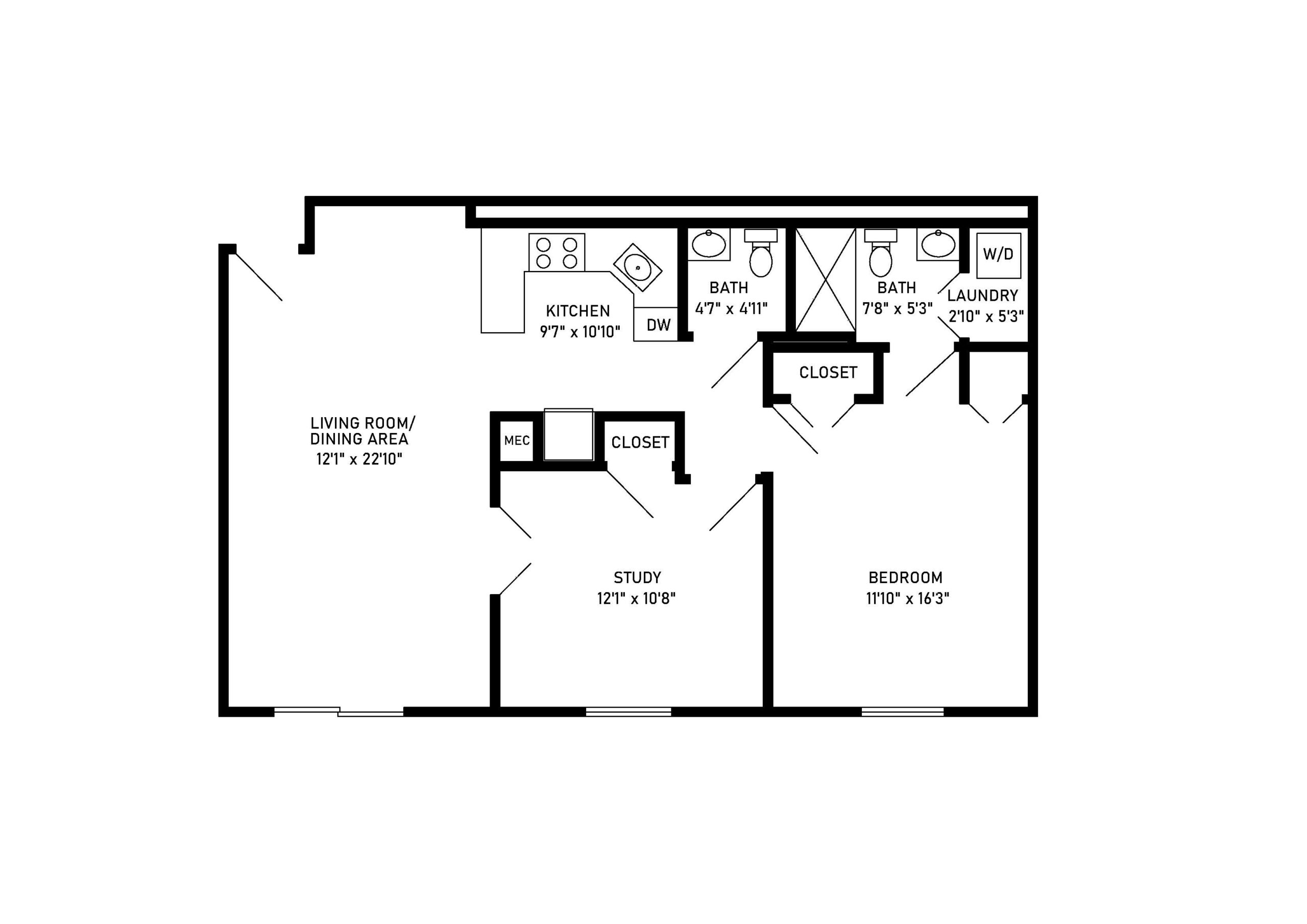 Newcastle 1 bed 1 bath floor plan