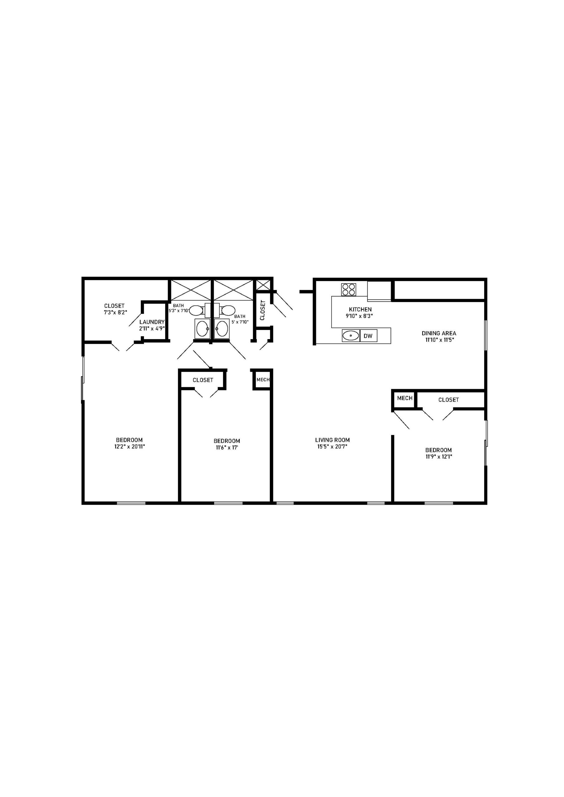 Warwick 3 bed 2 bath floor plan