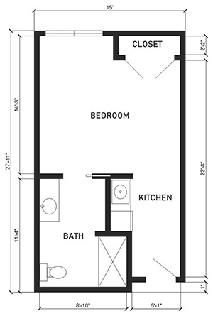 Assisted Living 1 bed 1 bath floor plan