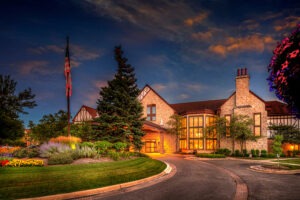 Exterior of building at sunset