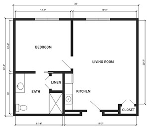 Assisted Living 1 bed 1 bath floor plan